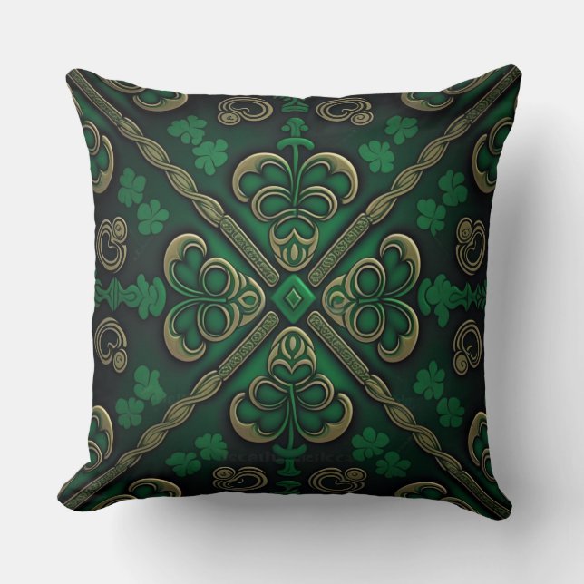 PRETTY GREEN & GOLD IRISH CELTIC KNOTS THROW PILLOW (Front)