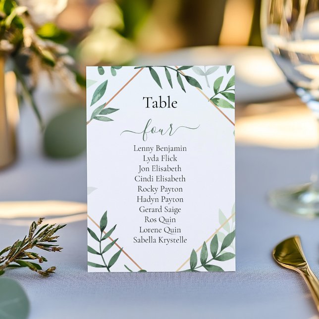 Pretty green leaves Table Number Seating Chart (Pretty green leaves, geometric border wedding reception party table number, seating chart)