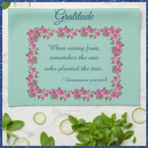 Pretty Green & Pink Roses Gratitude Kitchen Towel