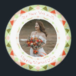 Pretty Green Red Wedding Keepsake Photo Gift Magnet<br><div class="desc">Pretty Green and Red Wedding Keepsake Photo Gift Magnets. In spring and summer colors of green and pastel sugar pink and bright red . A springtime and summertime modern geometric pattern round border surrounds the picture in the middle. Replace the photo on this budget friendly fridge magnet with a picture...</div>