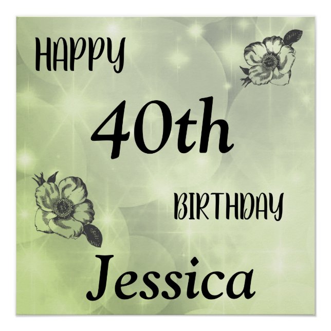 Pretty Green sparkle Happy 40th Birthday Poster (Front)