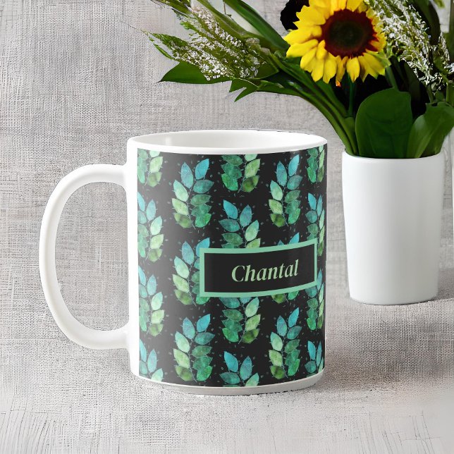 Pretty Green Watercolory Fern Pattern with Name Coffee Mug (Creator Uploaded)