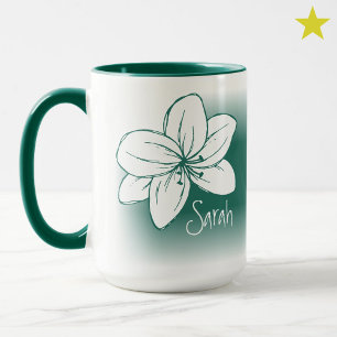 Pretty Green White Flower Drawing Custom Name Mug