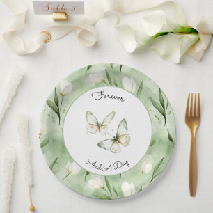 Pretty Green White Tulips Wedding Paper Plate