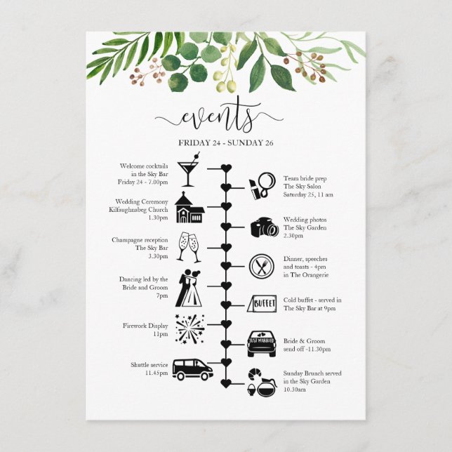 Pretty Greenery Wedding Guest Itinerary  Advice Card (Front)