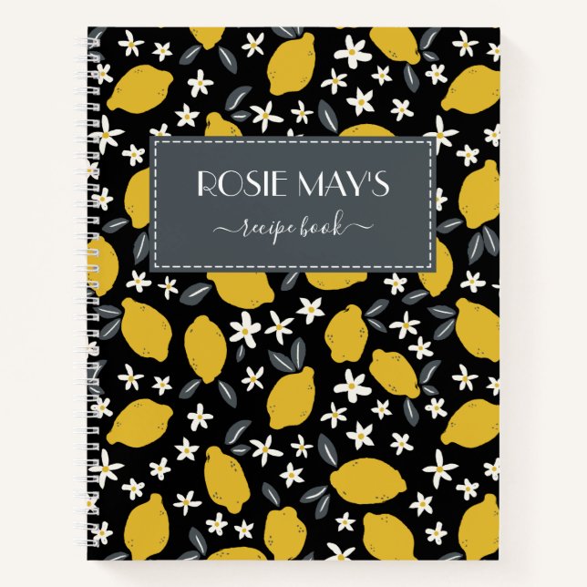 Pretty Grey Black Yellow Lemon Pattern Recipe Notebook (Front)