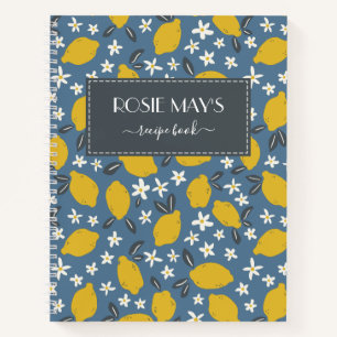 Pretty Grey Blue Yellow Lemon Pattern Recipe Notebook
