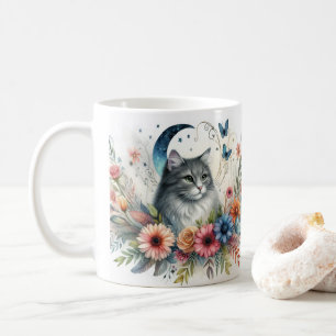 Pretty Grey Cat Portrait with Flowers Mug