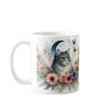 Pretty Grey Cat Portrait with Flowers Mug