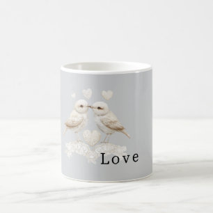 Pretty Grey Faux Lace White Love Birds Coffee Mug