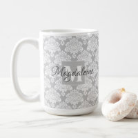 Pretty Grey Floral Damask Pattern Monogram & Name