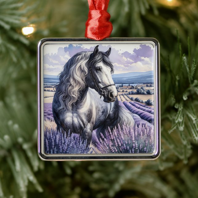 Pretty Grey Horse Standing in Lavender Metal Ornament (Tree)