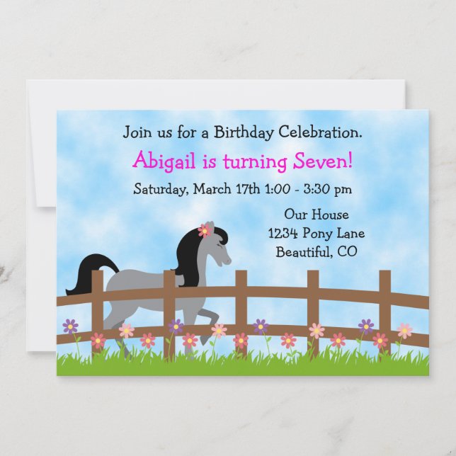 Pretty Grey Horse with Flowers Birthday Invitation (Front)