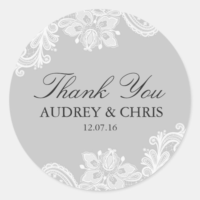 Pretty Grey Lace Thank You Wedding Sticker (Front)