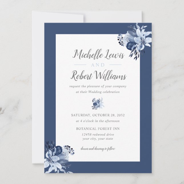 Pretty Grey Navy Blue Floral wedding Invitation (Front)