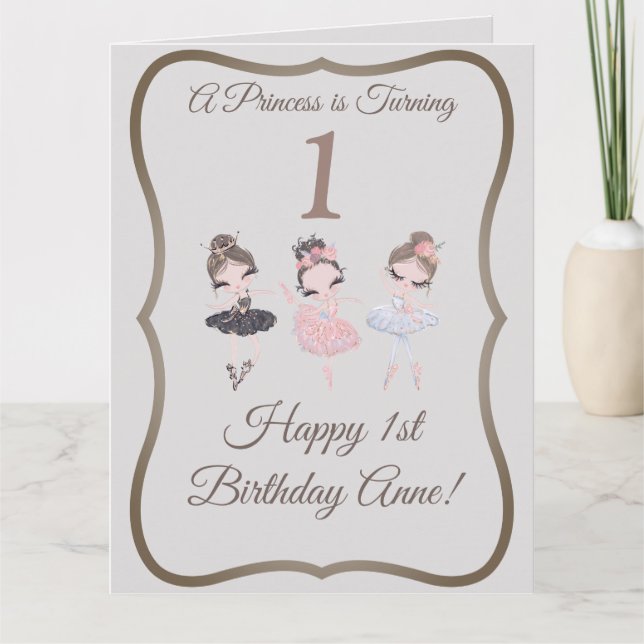 Pretty Grey Pink Ballerinas Princess 1st Birthday Card (Front)