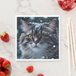 Pretty Grey Tabby Cat in Snowstorm  Napkin