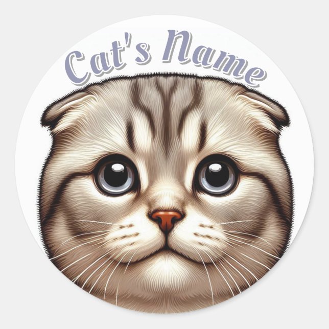 Pretty Grey Tabby Folded Ears Cat • Personalized Classic Round Sticker (Front)