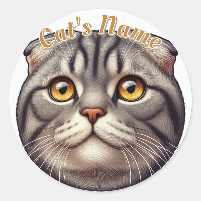 Pretty Grey Tabby Folded Ears Cat plus Name Classic Round Sticker (Front)