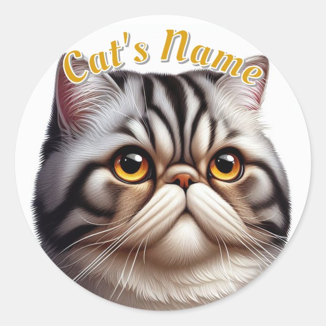 Pretty Grey Tabby Persian Cat • Personalized Classic Round Sticker (Front)