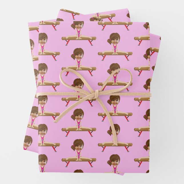 Pretty Gymnastics Girl Custom Kids Face Photo Wrapping Paper Sheet (In situ)