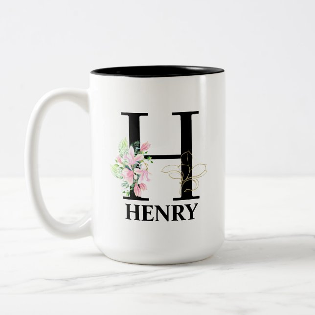 Pretty H Monogrammed Initial Two-Tone Coffee Mug (Left)