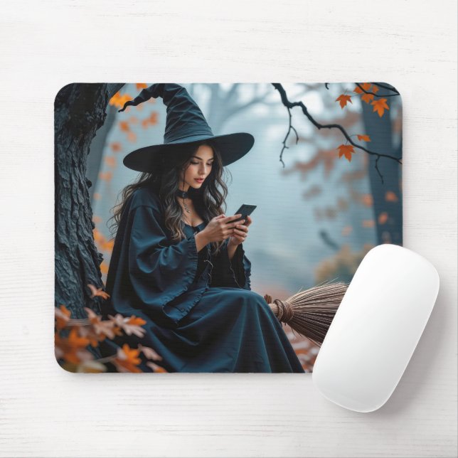 Pretty Halloween Witch Texting on a Cell Phone Mouse Pad (With Mouse)
