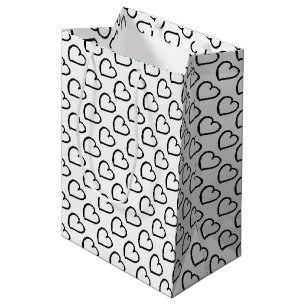 Pretty hand drawn hearts design black on white medium gift bag