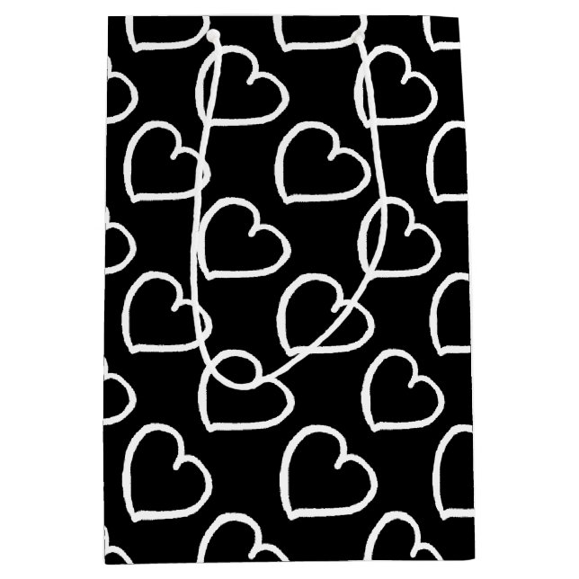 Pretty hand drawn hearts design white on black medium gift bag (Front)
