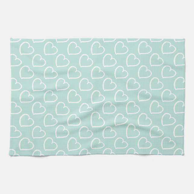 Pretty hand drawn hearts design white on blue kitchen towel (Horizontal)