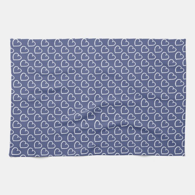 Pretty hand drawn hearts design white on dark blue kitchen towel (Horizontal)