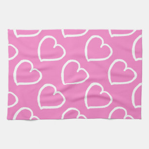 Pretty hand drawn hearts design white on pink kitchen towel