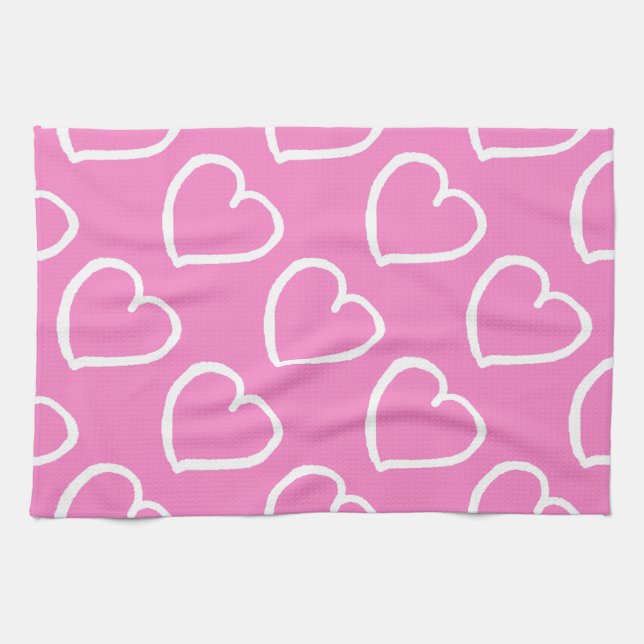 Pretty hand drawn hearts design white on pink kitchen towel (Horizontal)