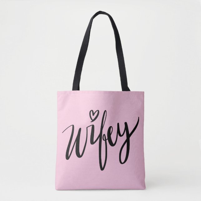 Pretty hand lettered WIFEY tote bag for newlywed (Front)