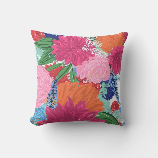 Pretty Hand Painted Colourful Flowers Throw Pillow (Front)