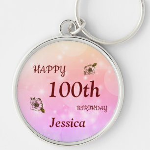 Pretty Happy 100th Birthday Personalised Keychain