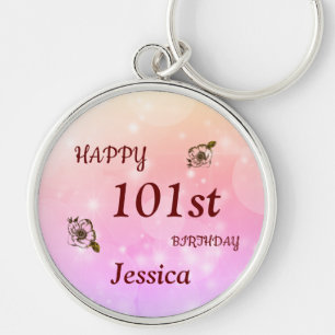 Pretty Happy 101st Birthday Personalised Keychain