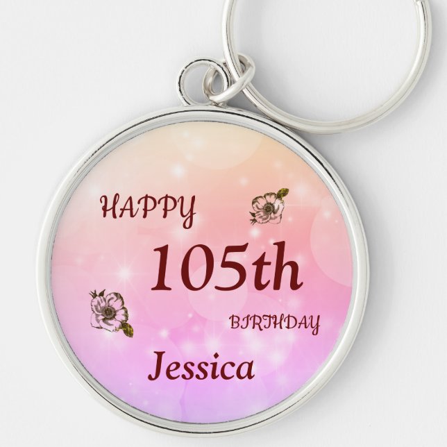 Pretty Happy 105th Birthday Personalised Keychain (Front)