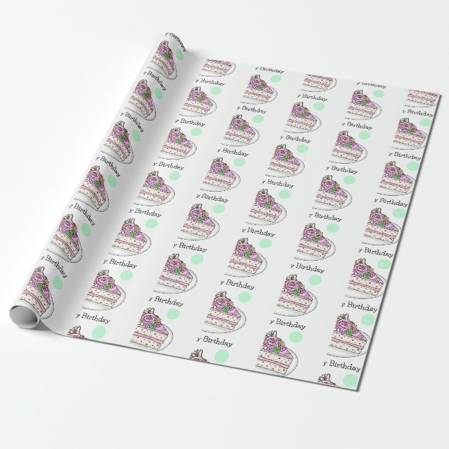 Pretty Happy Birthday | Birthday Cake Flowers  Wrapping Paper (Unrolled)