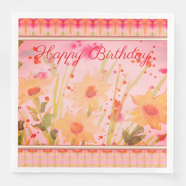 Pretty Happy Birthday Flowered Dinner Napkins (Front)
