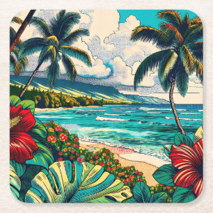 Pretty Hawaiian Island themed Square Paper Coaster