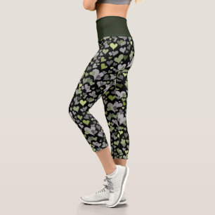 Pretty Heart Pattern Grey Green and Black Cute Capri Leggings