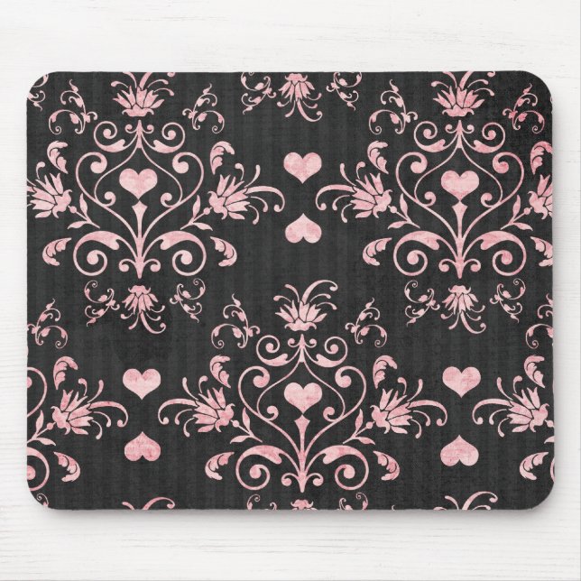 pretty heart pink damask on washed black mouse pad (Front)