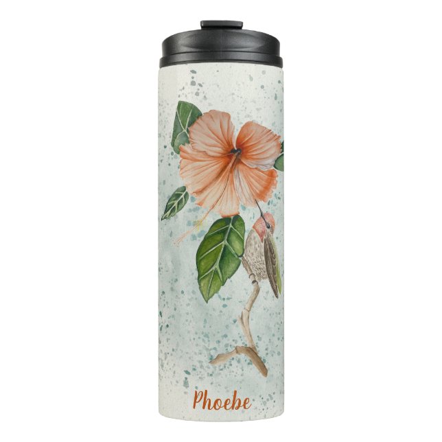Pretty Hibiscus and Cute Bird Thermal Tumbler (Front)