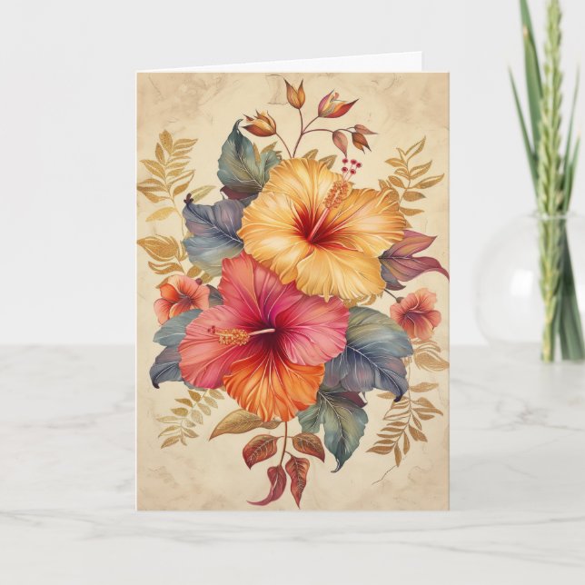 Pretty Hibiscus Watercolor Illustration Greeting Card (Front)