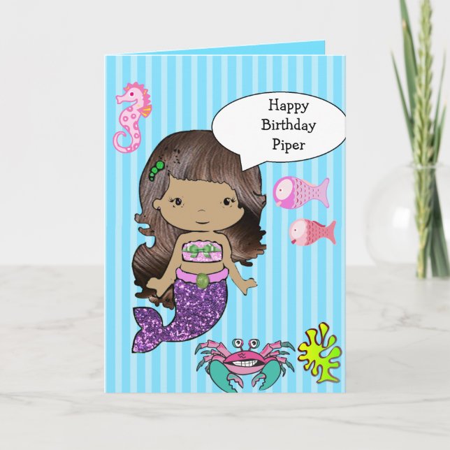 Pretty Hispanic Mermaid Happy Birthday Card (Front)