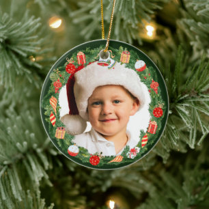 Pretty Holiday Wreath Photo Template Ceramic Ornament