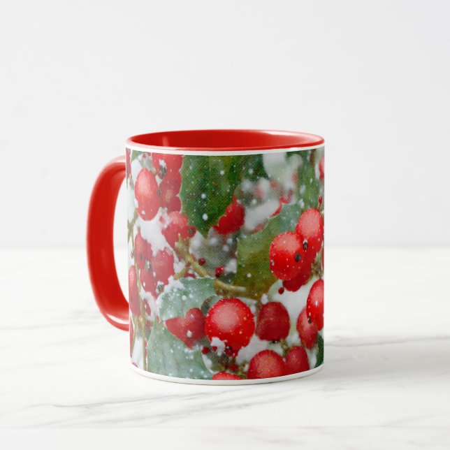 Pretty Holly Berry Snow Holiday Mug Cup (Front Left)