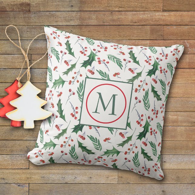 Pretty Holly Pattern Monogram Christmas Throw Pillow (Creator Uploaded)
