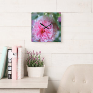 Pretty Hollyhock Pink Flower Photo Square Wall Clock